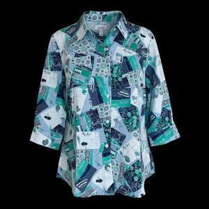 Denim & Co. Printed Cotton Linen Button Down 3/4 Sleeve Shirt Blue Multi Medium